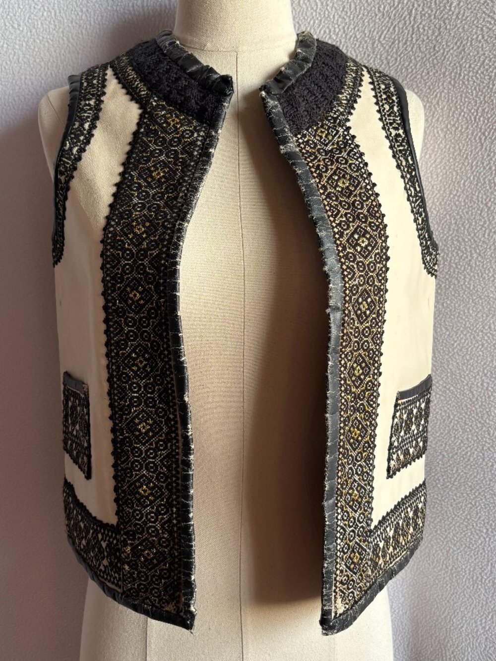 Vintage Handmade White Leather Romanian Folk Vest Unisex
